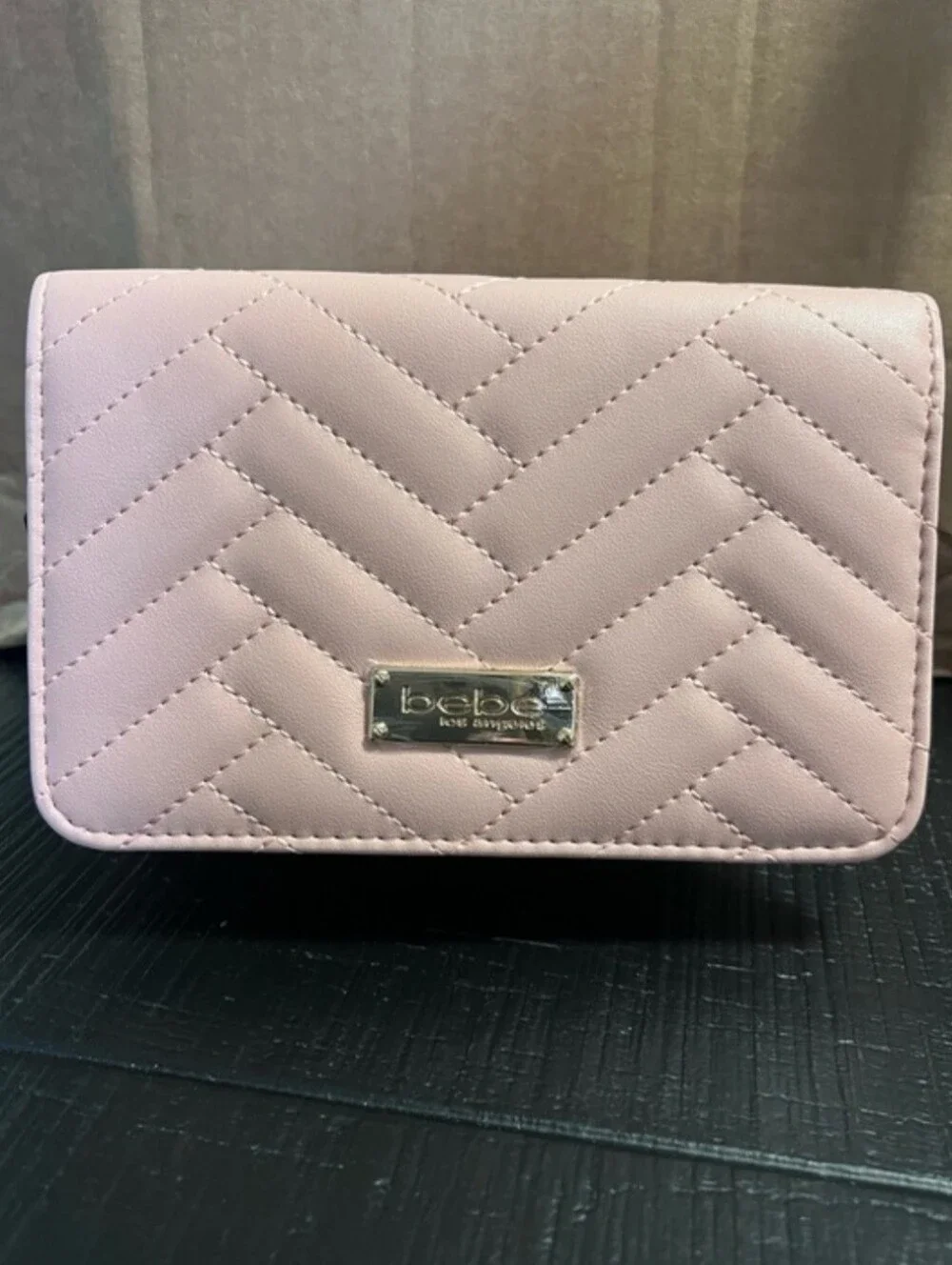 bebe Quilted Blush Crossbody Bag with Gold Chain Trim